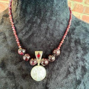Gorgeous Garnet Beaded Necklace with Signed 925 Sajen Pendant